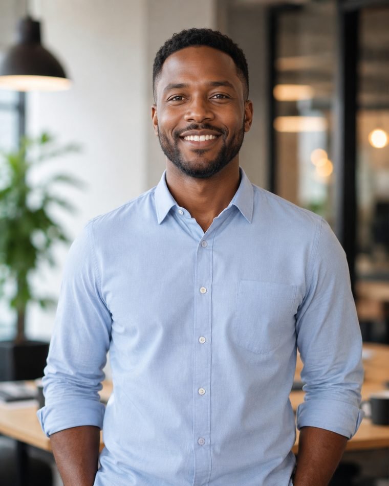 A job seeker in a light blue shirt smiling in a workspace.