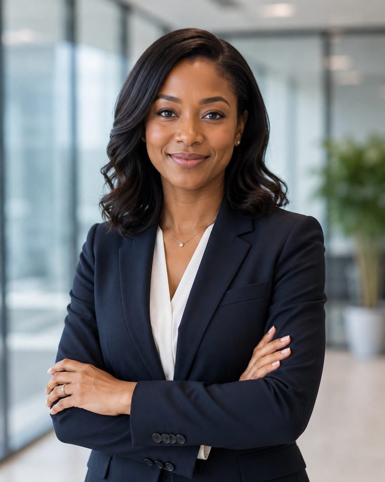 A recruiter with arms crossed in a modern office.