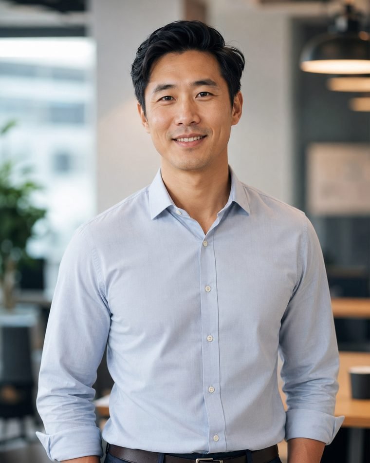 A job seeker in a light shirt smiling in an office.