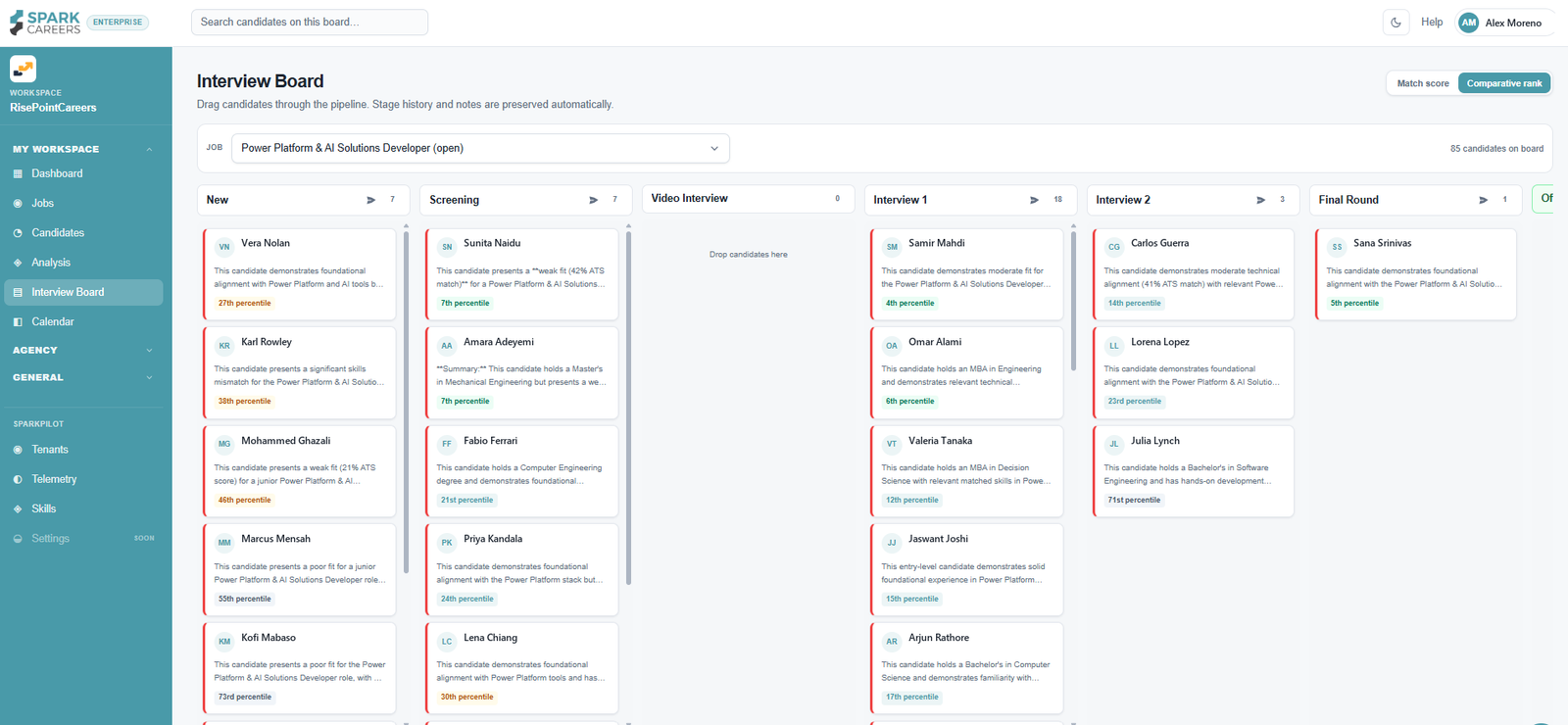 Spark Enterprise Interview Board showing candidates moving through New, Screening, Video Interview, Interview 1, Interview 2 and Final Round stages, each card carrying a percentile rank.